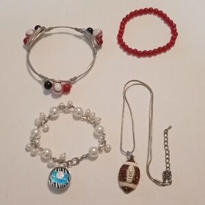 #755.  4 Piece Sports Themed Baseball & Football Necklace & Bracelet Bundle